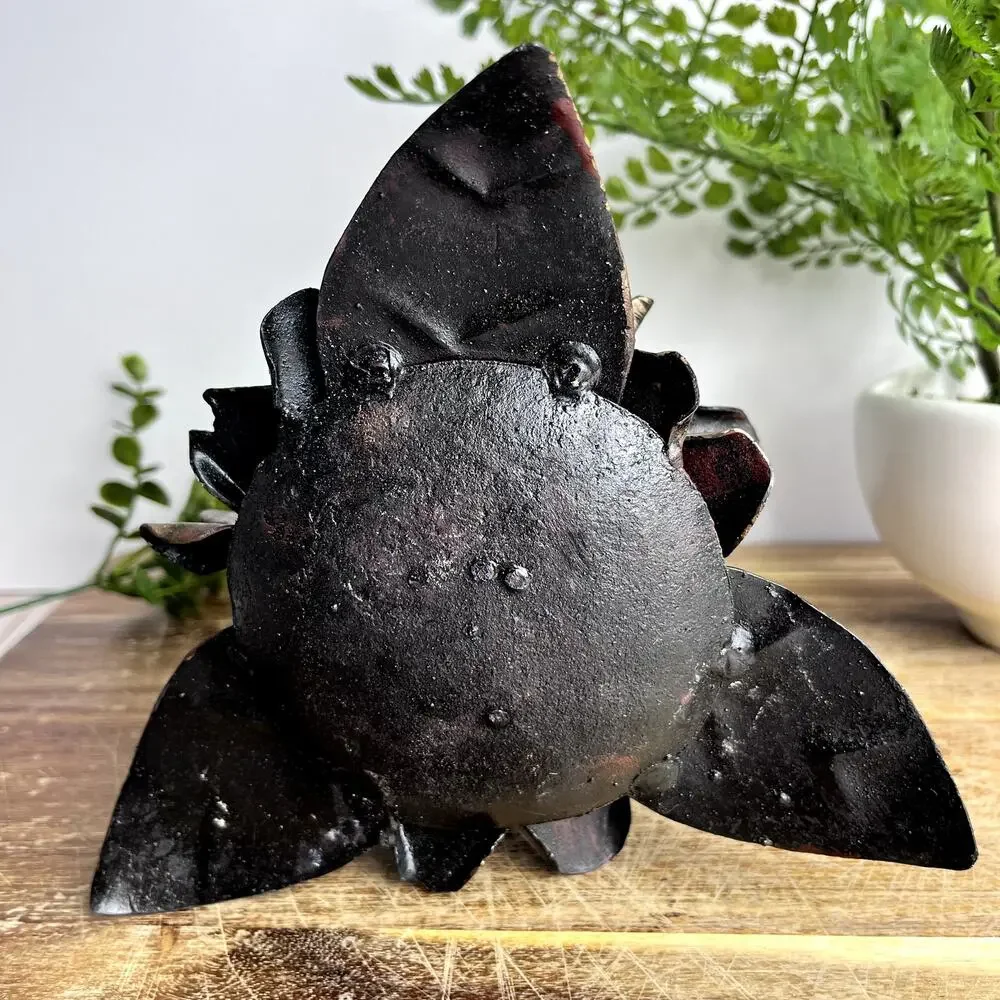 Rustic Metal Blooming Flower Pinecone Candle Holder Sculpture Handmade Weathered